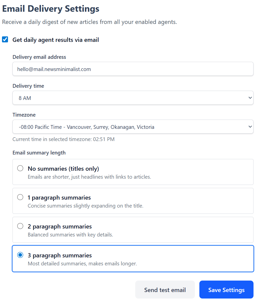 Agent email delivery settings
